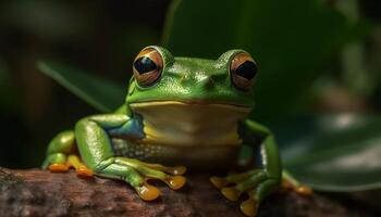 ai generiert rot Augen Baum Frosch Sitzung auf ein Blatt im tropisch Regenwald generiert durch ai foto