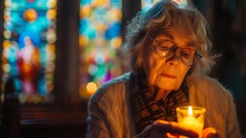 ai generiert Alten Frau engagiert im spirituell Ritual umgeben durch traditionell kulturell Symbole foto