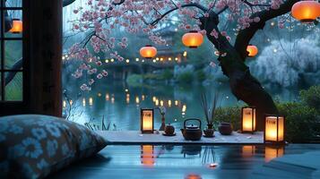 ai generiert Kirsche blühen Tee Zeremonie heiter Flussufer Szene von traditionell japanisch Eleganz foto
