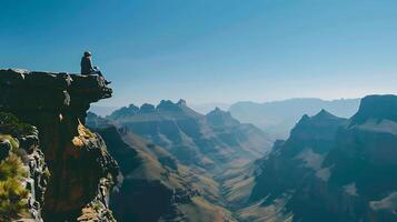 ai generiert Reisender überlegt riesig Berg Aussicht von robust Cliff Kante foto