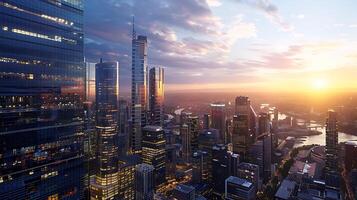 ai generiert modern Stadt Horizont leuchtet beim Dämmerung mit beleuchtet Wolkenkratzer Büro Gebäude und Rahmen Sonne foto