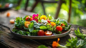 ai generiert plattiert rustikal Salat sonnt sich im Sanft Licht auf hölzern Tabelle mit bunt Gemüse und Grün foto