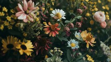 ai generiert sortiert Blumen im rustikal Vase ein Nahansicht Blumen- Komposition im Sanft diffus Licht foto