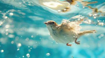 ai generiert komisch unter Wasser Szene Vogel im Schwimmbad Theaterstücke tief tauchen Aktion, ai generiert. foto