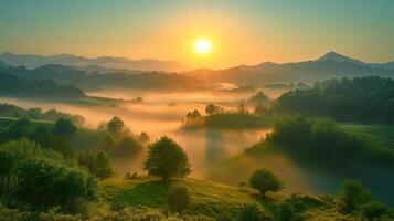 ai generiert begeistert Sonnenaufgang badet Grün Senke im golden Licht, ai generiert. foto