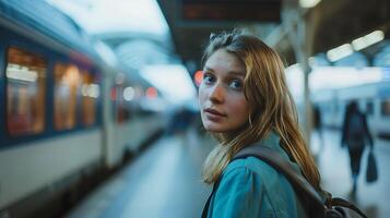 ai generiert U-Bahn Plattform Pendler warten wie Frau steht inmitten Anzeige foto