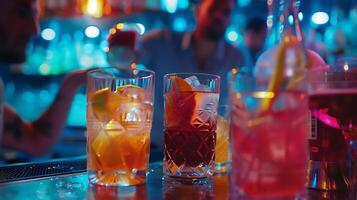 ai generiert beschwingt Cocktail Bar Szene bunt Array von Getränke wie Menschen sozialisieren im das Hintergrund foto