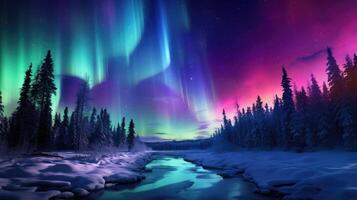 ai generiert Winter Aurora Farben ein faszinierend Spektrum von Farben über das Nacht Himmel, ai generiert. foto