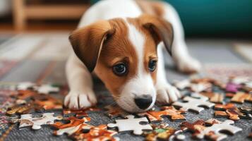 ai generiert bezaubernd oben Aussicht von ein süß Hündchen lösen ein Puzzle Puzzle, spielerisch und clever. ai generiert foto