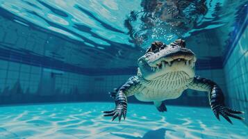 ai generiert komisch unter Wasser Szene Alligator im Schwimmbad Theaterstücke tief tauchen Aktion. ai generiert. foto