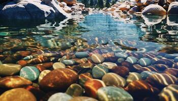 ai generiert Sommer- Landschaft Felsen reflektieren beschwingt Farben im Wasser generiert durch ai foto