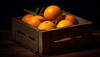 ai generiert frisch Zitrusfrüchte Obst im hölzern Kiste, gesund und reif generiert durch ai foto
