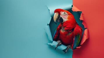 ai generiert ein humorvoll Papagei Gleichaltrigen durch ein zerrissen Loch im ein Kontrast Pastell- Farbe Papier Hintergrund, ai generiert foto