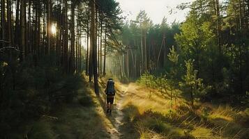 ai generiert Backpacker erforscht sonnenverwöhnt Wald Weg umarmt durch hoch Bäume und Wicklung Pfad foto