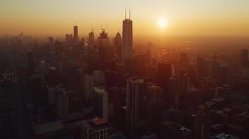 ai generiert golden Sonnenuntergang Silhouetten ein Tele Aussicht von modern Stadt Horizont Umarmen das warm glühen foto