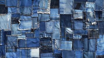 ai generiert gemütlich hausgemacht Patchwork Decke gefertigt von Denim Fetzen, ai generiert. foto