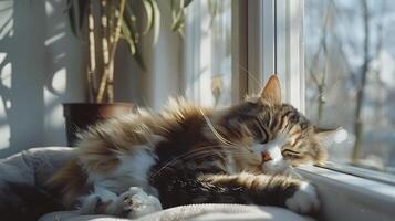 ai generiert Tabby Katze Lounges im sonnendurchflutet gemütlich Fenster gefangen im still Nahansicht foto