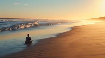 ai generiert still Sonnenaufgang Yoga auf abgelegen Strand anmutig achtsam Gegenwart im heiter Umfeld foto