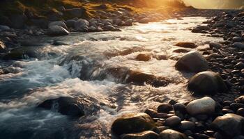 ai generiert Sonnenuntergang Über das Wasser, Wellen abstürzen auf Felsen generiert durch ai foto