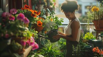 ai generiert Frau genießt sonnig Balkon Gartenarbeit unter bunt Blumen foto
