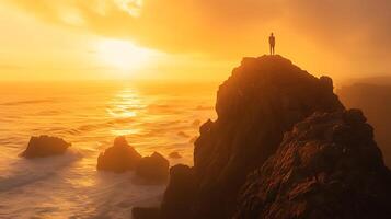 ai generiert belastbar Zahl Hosenträger stürmisch Cliff Umarmen hoffen inmitten dunkel Wolken und ein Glimmer von golden Licht foto