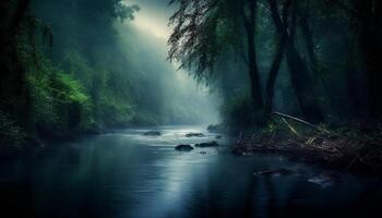 ai generiert mysteriös Wald, still Szene, fließend Wasser, natürlich Schönheit generiert durch ai foto
