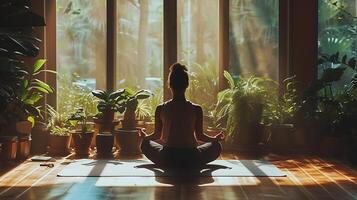 ai generiert sonnendurchflutet Gelassenheit ein achtsam Mischung von Arbeit und Wellness im ein Leben Zimmer Yoga trainieren foto