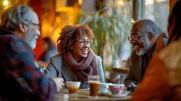 ai generiert authentisch Verbindungen und tief Gespräche im ein gemütlich Cafe gebadet im warm Nachmittag Sonnenlicht foto