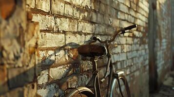 ai generiert Fahrrad ruht gegen rustikal Mauer gebadet im Sanft natürlich Licht foto