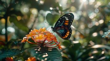 ai generiert bunt Schmetterling thront auf Blühen Blume im üppig Garten Sanft natürlich Licht Filtern durch Laub foto