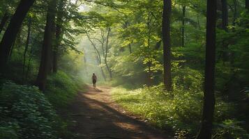 ai generiert navigieren das still Wald Erwartung Entschlossenheit und Elastizität auf ein introspektiv Reise foto