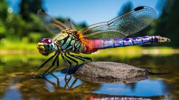 ai generiert Libelle mit Augen zweimal wie groß, geschmückt im Regenbogen Farben auf beide Seiten, ai generiert. foto