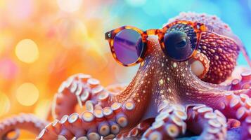 ai generiert ein komisch Tintenfisch tragen Sonnenbrille Streiks ein Pose im ein Studio mit ein bunt und hell Hintergrund, ai generiert foto