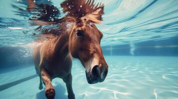 ai generiert komisch unter Wasser Szene Pferd im Schwimmbad Theaterstücke tief tauchen Aktion, ai generiert. foto