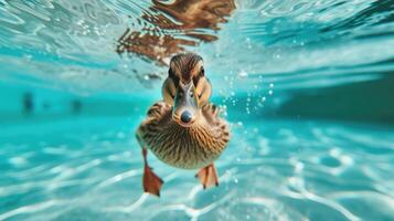 ai generiert komisch unter Wasser Szene Ente im Schwimmbad Theaterstücke tief tauchen Aktion, ai generiert. foto