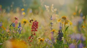 ai generiert Nahansicht Erfassung von Biene Sammeln Pollen von hell Sonnenblume unter üppig Grün Laub foto