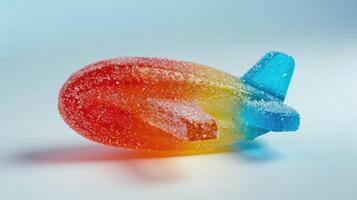 ai generiert realistisch gummiartig Süßigkeiten geformt mögen ein Schreibtisch Flugzeug, mit drei Farben, elastisch Textur, und Zucker streuen, ai generiert foto