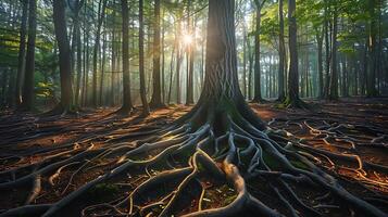 ai generiert sonnenverwöhnt Wald majestätisch Bäume Verdrehen Wurzeln und Sonnenlicht verschütten durch das Blätter foto