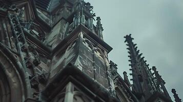ai generiert neogotisch Kathedrale Turm kompliziert Mauerwerk und fliegend Strebepfeiler gefangen im Nahansicht foto