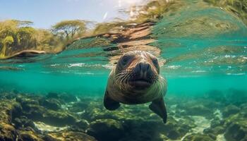 ai generiert süß Meer Löwe Schwimmen im Blau unter Wasser generiert durch ai foto