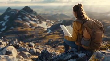 ai generiert abenteuerlich Frau umarmt riesig Berg Landschaft mit Karte und Rucksack gefangen mit Tele Linse foto