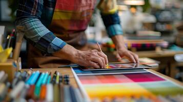 ai generiert kreativ Grafik Designer eingetaucht im Arbeit mit Digital Tablette beim überladen Schreibtisch umgeben durch Farbe Farbfelder und Skizzenbücher foto