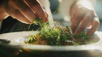 ai generiert geschickt Koch garniert Gourmet Gericht mit frisch Kräuter im Sanft natürlich Licht gefangen mit Makro Linse foto