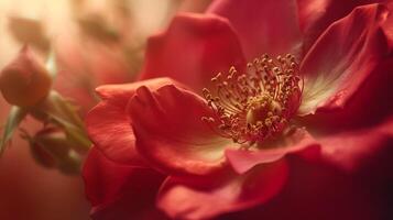 ai generiert beschwingt rot Rose im voll blühen Makro Linse erfasst zart Blütenblatt Einzelheiten gegen leise verschwommen Hintergrund foto