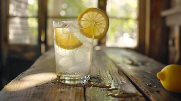 ai generiert erfrischend vereist Limonade mit Zitrone Scheibe und Minze Aufhellung oben draussen Terrasse Hintergrund foto