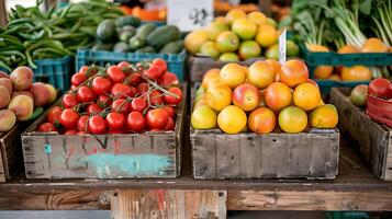 ai generiert reichlich Bauern Markt Anzeige frisch Früchte und Gemüse vereinbart worden auf hölzern Tabelle gefangen im Nahansicht foto