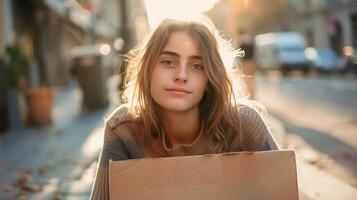 ai generiert jung obdachlos Frau hält Zeichen im Sanft natürlich Licht hervorrufen warm Töne foto