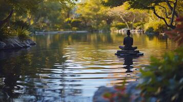 ai generiert still Seeufer Meditation Harmonie von Natur und Technologie zum achtsam Wohlbefinden foto