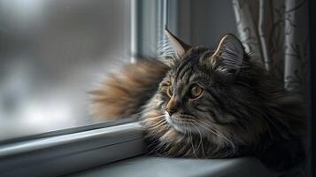 ai generiert neugierig flauschige Tabby Katze sonnt sich im Sanft Licht Blick durch Fenster mit 50mm Linse foto