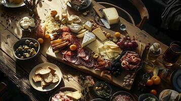 ai generiert kunstvoll vereinbart worden Wurstwaren Tafel Vitrinen sortiert Käse Fleisch Früchte und Brot im Sanft natürlich Licht foto